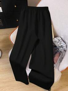 大码女式休闲撞色直筒裤 - 黑色 - 查看 2