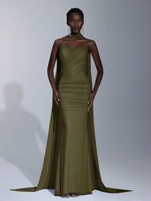 Elitara Elegant Luxurious Light Blue Elastic Mesh Boat Neck Full Ruffle Sequin Bridesmaid Dress - Army Green - View 5