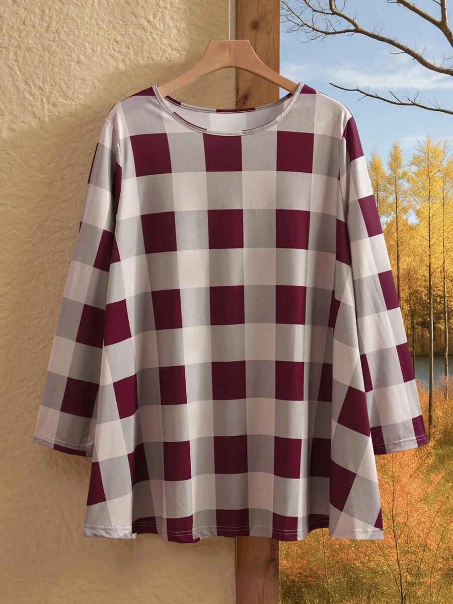 EMERY ROSE Plus Size Women Casual Plaid Print Long Sleeve T-Shirt, Autumn - Burgundy - View 1