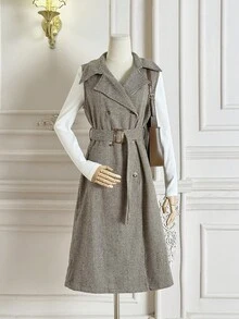 SHEIN MOD Khaki Vintage Houndstooth Minimalist Casual Commuter Women Long Sleeveless Trench Coat, Old Money Style In Fall/Winter