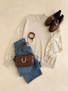 Elaquor 大码休闲优雅百搭网眼拼布套头衫，秋冬 - 卡其色 - 查看 3