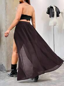 SHEIN EZwear Plus Size Chiffon Semi-Sheer Slit Skirt - Brown - View 2
