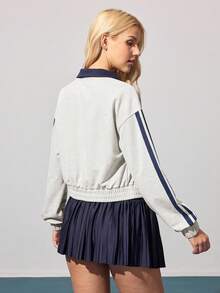 CourtClass 字母印花口袋拉链休闲长袖运动夹克 - 灰色 - 查看 2