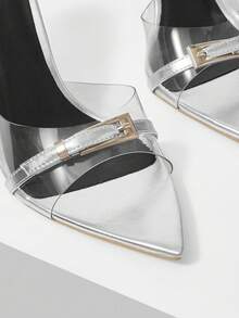 Mnmlis Sandalias de tacón alto transparente con punta puntiaguda y hebilla para mujer - Plateado - Ver 8