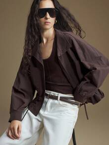 Ontre 2025年秋季新款女装、秋冬服装、四季服装、冬季服装、女装返校装、开学装、万圣节和圣诞节、女教师服装、外出装、夜间外出装、婚礼宾客礼服、优雅婚礼宾客装、教堂装、女士教堂装、商务休闲装、女士休闲通勤装、女士棕色常规夹克休闲百搭棕色抽绳腰部夹克、新年服装 - 巧克力棕 - 查看 2