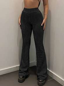 SHEIN ICON Striped Print Flare Leg Trousers - Black - View 2