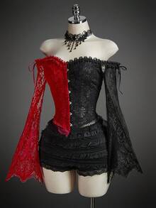 SHEIN ICON 女式万圣节角色扮演露肩撞色蕾丝喇叭袖提花衬衫 - 彩色 - 查看 3