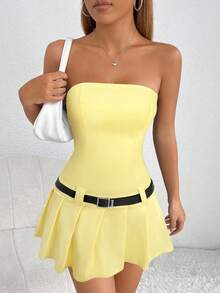 SHEIN PETITE Váy ngắn mùa hè ống xếp ly viền ống liền thân có thắt lưng - Vàng nhạt - Xem 6