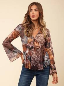 Coeurva 1pc Women's Paisley Print Tie Front Ruffle Trim Summer Blouse - Multicolor - View 3