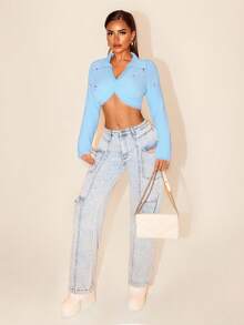 SHEIN Foxxy Women's Short Knitted Cardigan, New Arrival For Winter Fall Cloth For Women - Blue - View 4