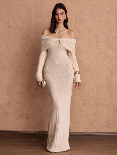 Islaluna 秋冬新款优雅别致性感修身针织毛衣裙女