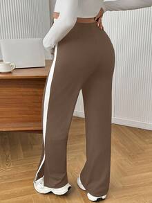 SHEIN Maternity Casual Versatile Color Block Patchwork Split Hem Leggings - Mocha Brown - View 2