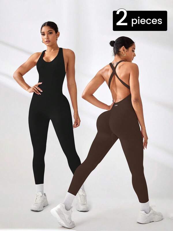 Slayform Slayform 2pcs Jumpsuit Olahraga Seksi Tanpa Lengan Warna Polos untuk Wanita, Jumpsuit Olahraga Wanita, Jumpsuit Gym, Jumpsuit Yoga Tanpa Jahitan, Jumpsuit Latihan Tanpa Jahitan