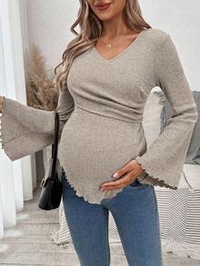 SHEIN Maternity Solid Color Criss-Cross Wrap Flare Sleeve Ruffle Hem Ribbed T-Shirt Ribbed Maternity Top Maternity Top Bell Sleeves Pregnancy Clothes Maternity Clothes