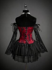 SHEIN ICON 女式性感辣妹千禧风格 Y2K 个性大胆前卫万圣节角色扮演吸血鬼新娘黑红撞色蕾丝拼接单肩喇叭袖荷叶边多层网眼吊带迷你连衣裙 - 彩色 - 查看 2