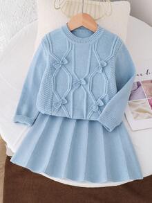 Souflis Souflis 2pcs Girls Sweater Set, Bow Decor Textured Knit Pullover And A-Line Skirt Fall Winter - Baby Blue - View 9