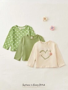 Cozy Pixies 3pcs/Set Baby Girl Heart Pattern Round Neck Long Sleeve Pullover Top Chic Outfits For Autumn/Winter - Green - View 3