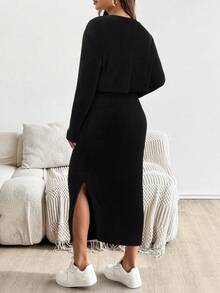 SHEIN 孕妇纯色圆领短袖上衣和裙子两件套 - 黑色 - 查看 2