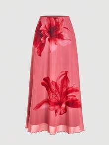SHEIN MOD 女式优雅花卉印花针织裙 - 酒紅色 - 查看 1