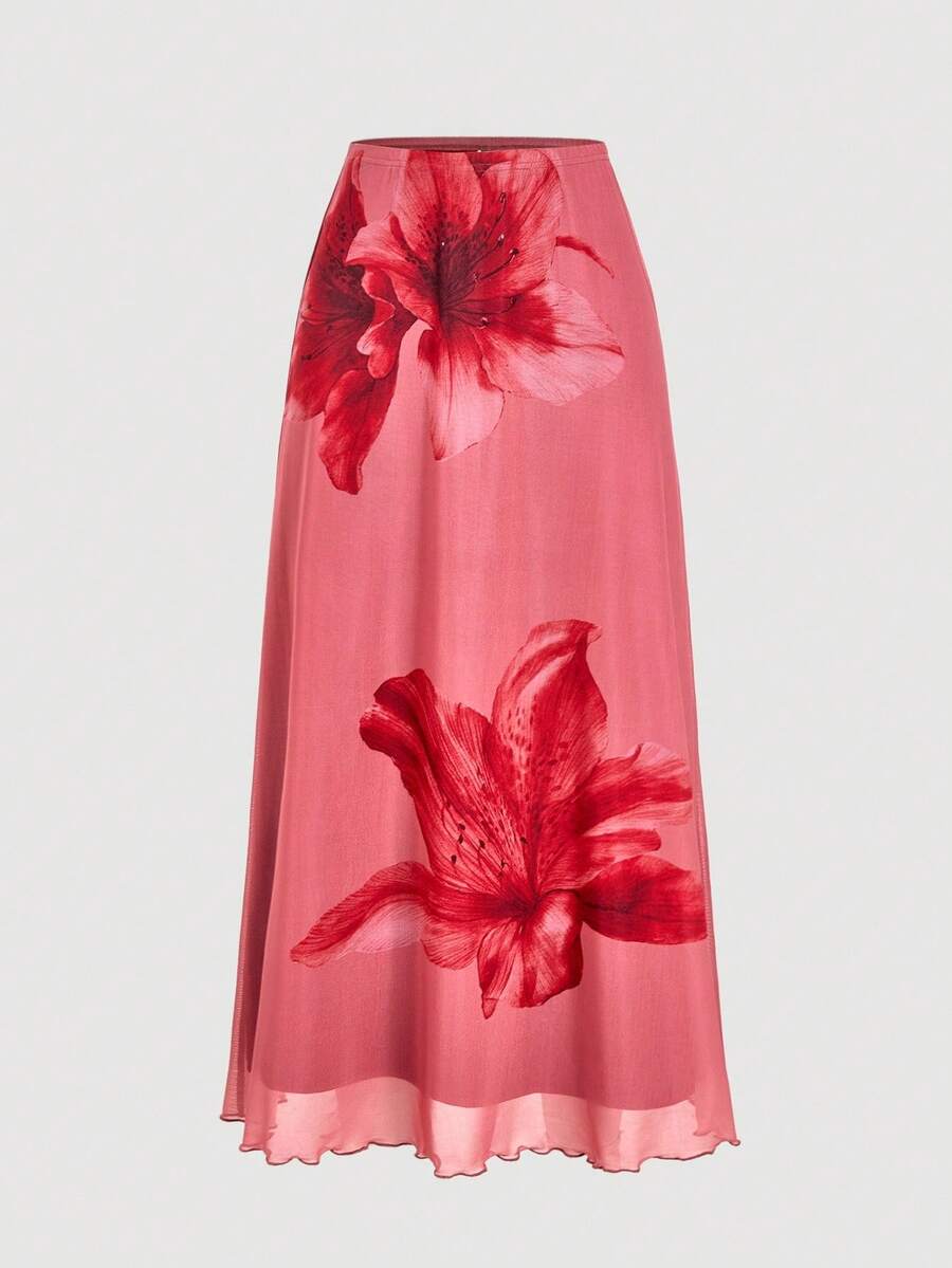 SHEIN MOD 女式优雅花卉印花针织裙 - 酒紅色 - 查看 1