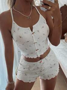 CottageSlumber 碎花吊带背心和短裤睡衣套装，蝴蝶结装饰和交叉背部设计，可爱又舒适 - 白色 - 查看 4