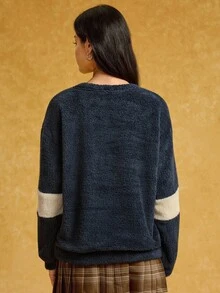 HARRY POTTER X SHEIN 女式字母刺绣拼色圆领长袖运动衫 - 藏蓝色 - 查看 2