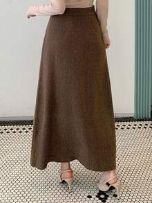 DAZY Falda de punto de unicolor casual para mujer, otoño/invierno - Marrón - Ver 2