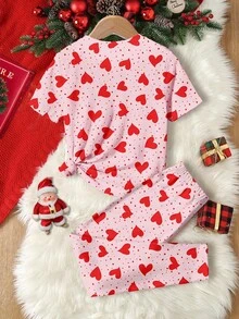 Heart Print, Pink & Red, Young Girl Casual Cartoon Pattern Short Sleeve T-Shirt And Legging 2 Pieces Loungewear Set - Multicolor - View 4