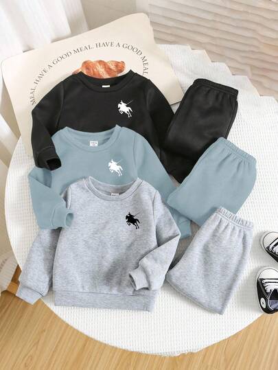 SHEIN Conjunto de 6 piezas de sudadera y pantalón de chándal holgado y casual para bebé niño/niña, en azul marino, gris oscuro y negro, adecuado para uso diario y exterior, otoño/invierno