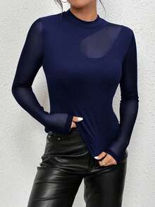 Chiquease 时尚通勤纯色网眼拼接修身长袖T恤 - 藏蓝色 - 查看 3