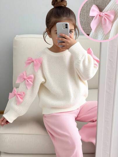SHEIN Långärmad tröja med rund halsringning och skärp för unga flickor, bekväm och avslappnad. En lång stickad tröja i flickstil med rund halsringning, 3D-design, lämplig för barnkläder, som ger elegans och charm till barnet.