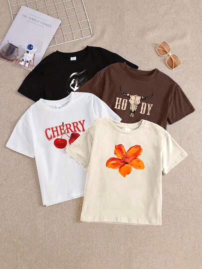 SHEIN EZwear Set de 4 piezas de blusas cortas de cuello redondo de manga corta con gráficos de calavera, cereza, cabeza de vaca occidental y flor de hibisco, ajustadas y apropiadas para el verano de las mujeres