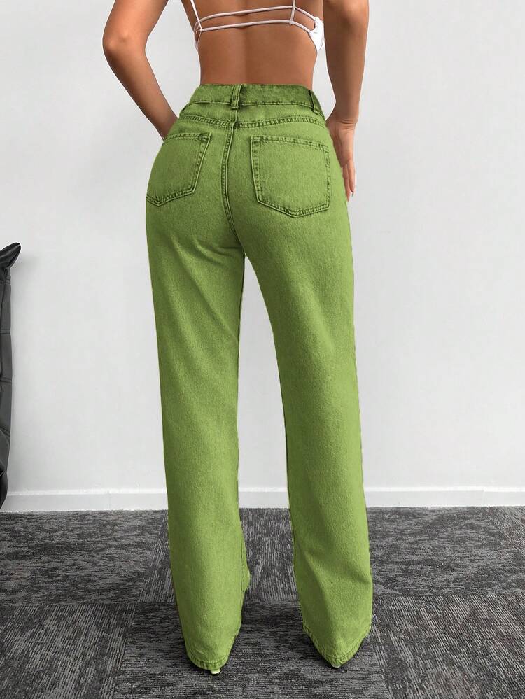 EURMUSE Ladies' Solid Straight-Leg Jeans - Army Green - View 5