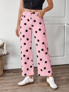 EMERY ROSE 女式波点图案直筒宽松休闲牛仔裤 - 粉色 - 查看 3