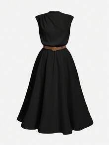 SHEIN MOD Váy không tay màu trơn cỡ lớn cho nữ, váy công sở thanh lịch (có thắt lưng) - màu đen - Xem 5