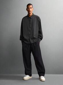 SUMWON Oversized Business Casual Pinstripe Long Sleeve Button Down Shirt Classic Professional Office Wear Regular Length Menswear Plain - Black - View 7