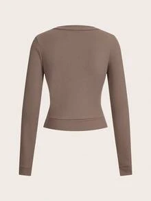 SHEIN Unity 女士两件套服装 V 领长袖上衣修身迷你裙套装秋冬秋季圣诞节 - 駝色 - 查看 6