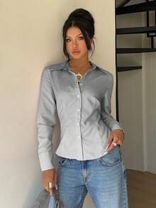 SHEIN EZwear 女士秋季新款粉色条纹系腰修身长袖衬衫 - 黑與白 - 查看 5