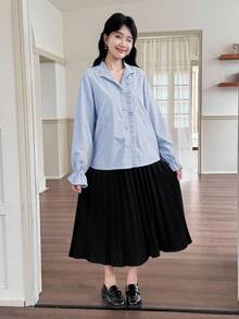 SHEIN Teen Girls Ruffled Collar Lantern Sleeve Casual Versatile Blue Shirt, Elegant Palace Style Blue Shirt Fall Winter - Blue and White - View 4