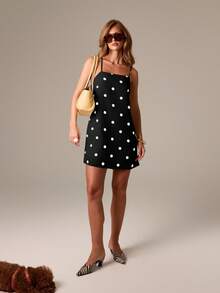 AiiRZ Váy ngắn Linen Feel họa tiết chấm bi dự tiệc bãi biển mùa hè có dây đeo mảnh, thiết kế chéo lưng, thường ngày - màu đen - Xem 3