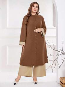 Al Najma 加大码纯色拼布长袖前扣休闲上衣和裤子两件套，休闲适度长款经典穆斯林时尚套装，适合旅行/休闲/居家/度假两件套 - 棕色 - 查看 3