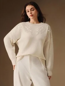 Anewsta Áo kiểu nữ thanh lịch đính sequin họa tiết cánh chim, màu trắng, thích hợp cho tiệc Giáng sinh, đêm giao thừa, cỡ lớn. - Màu be - Xem 5