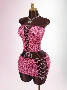 Amplova Bộ 2 món áo bandeau và chân váy mini họa tiết da báo thời trang gợi cảm dành cho nữ, mùa hè - Nhiều màu - Xem 1