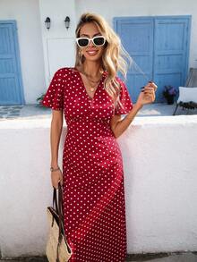 SHEIN VCAY Plus Size Red Polka Dot Maxi Dress: Casual V-Neck Short Sleeve Wrap Dress With Flared Hem - Multicolor - View 8