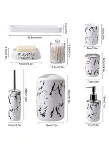 5PCS/9PCS Marble Pattern Bathroom Accessories Set, Including Toothbrush Holder, Soap Dispenser, Soap Dish, Tumbler, Refillable Bottles, Trash Can And Toilet Brush Home Bathroom Decor Fall Decor Back To School
