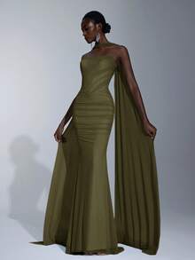 Elitara Elegant Luxurious Light Blue Elastic Mesh Boat Neck Full Ruffle Sequin Bridesmaid Dress - Army Green - View 3