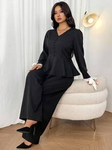 Firerie 大码女式两件套 - 优雅蝴蝶结装饰撞色腰喇叭衬衫上衣和宽松长裤，休闲度假装，春秋季 - 黑色 - 查看 8