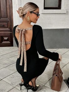 Pariaura Backless Lace-Up Women's Knitted Sweater Dress, Elegant Bowknot A-Line Knit Dress For Autumn/Winter - Black - View 7