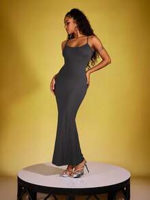 INAWLY Solva Women's Solid Color Simple Daily Spaghetti Strap Dress - Dark Grey - View 3