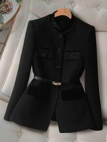 GlowEve CURVE Blazer Lengan Panjang Minimalis Warna Polos Ukuran Besar, Pakaian Sehari-hari untuk Wanita di Musim Gugur - Hitam - View 3